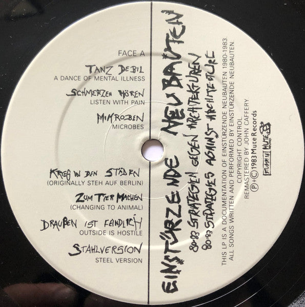 Image of Label Cover of LP - VG/VG - EINST RZENDE NEUBAUTEN, 80-83 Strategien Gegen Architekturen (Mute; STUMM 14, UK 1984, Insert, "timtom" Runout Side A), Light hairlines. Slight ringwear.,  - 3926171E