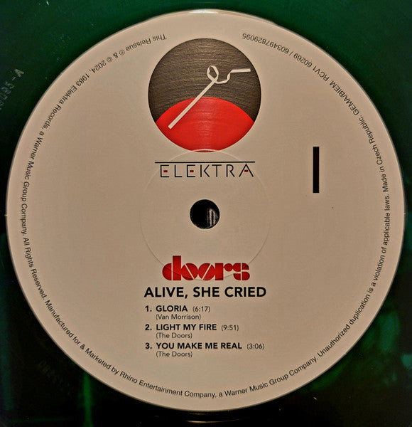 Image of Label Cover of LP - EX/EX - THE DOORS, Alive, She Cried (Rhino Records; RCVI 60269 / 603497829095, Europe 2024 Reissue, Inner, Emerald Green Vinyl), Opened Instore, Still In Stickered Shrinkwrap,  - 2945346S