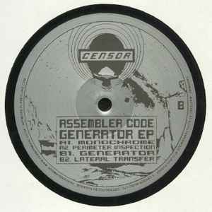 Image of Front Cover of 12" EP - /VG - ASSEMBLER CODE, Generator EP (Censor; CNSRM003, UK 2020), Minor hairlines on disc, some surface noise in quiet sections., A1		MonochromeA2		Perimeter InspectionB1		GeneratorB2		Lateral Transfer - 3015158C