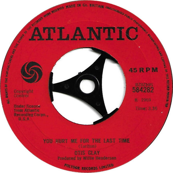 Image of Back Cover of 7" - /VG - OTIS CLAY, Baby Jane/ You Hurt Me For The Last Time (Atlantic; 584282, UK 1969, Large centre hole.), Marks on disc. Few light clicks on B side intro. A side plays well.,  - 1326128E