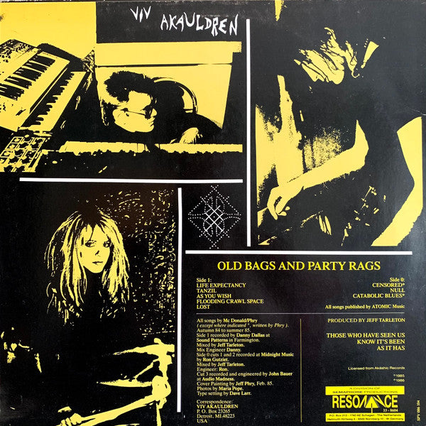 Image of Back Cover of LP - VG/VG - VIV AKAULDREN, Old Bags And Party Rags (Resonance; 33-8604, Netherlands 1986, Inner), Scuffs and a few hairlines. Sleeve is Strong VG. Light edge wear. Seam split to inner.,  - 3045124S