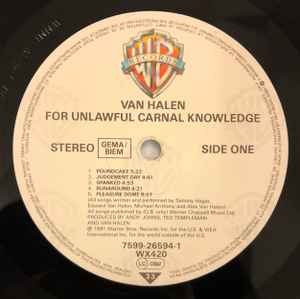 Image of Label Cover of 3015400C: LP - VAN HALEN, For Unlawful Carnal Knowledge (Warner Bros. Records; 7599-26594-1, UK 1991, Inner) Hype stickered sleeve has a small sticker mark to varnish, promo sticker on rear, sticker reisidue on inner. Strong VG+ vinyl.  VG/VG+