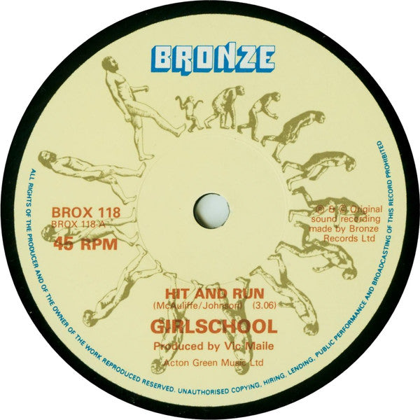 Image of Label Cover of 4925052E: 10" - GIRLSCHOOL, Hit & Run (Bronze; BROX 118, UK 1981, Picture Sleeve)   VG/VG