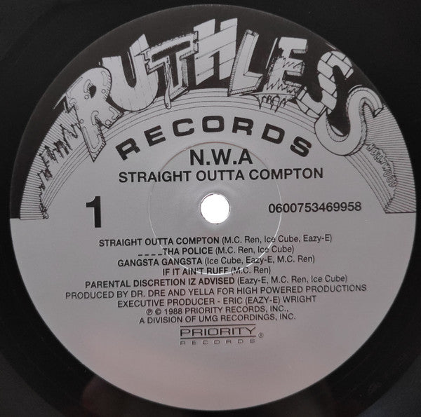 Image of Label Cover of LP - VG+/VG+ - N.W.A, Straight Outta Compton (Ruthless Records; 0600753469958, Europe 2018 Reissue, 180 Gram Vinyl), ,  - 0716106C