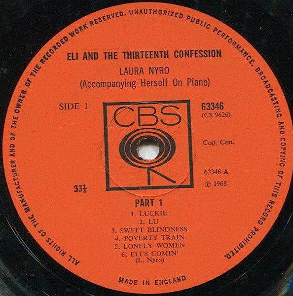 Image of Label Cover of LP - VG/G - LAURA NYRO, Eli And The Thirteenth Confession (CBS Orange (33 1/3 On Label); 63346, UK 1968, Laminated Sleeve, Company Inner, Mono), Edge Wear, Stickered Back Sleeve, Writting On Back Sleeve, 0 - 3746142S