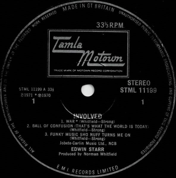 Image of Label Cover of LP - VG/VG - EDWIN STARR, Involved (Tamla Motown; STML 11199, UK 1972, Laminated Flipback Sleeve), Light marks. Light creasing on sleeve.,  - 3326269E