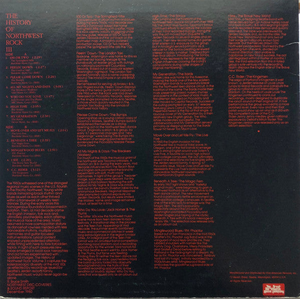 Image of Back Cover of LP - VG/VG+ - VARIOUS, The History Of Northwest Rock Volume III (The Great Northwest Music Company; GNW-4009, US 1980), Creasing, edge and ring wear. Stickers on back of sleeve.,  - 3045529S
