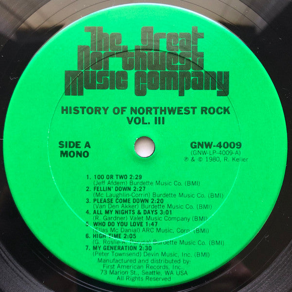 Image of Label Cover of LP - VG/VG+ - VARIOUS, The History Of Northwest Rock Volume III (The Great Northwest Music Company; GNW-4009, US 1980), Creasing, edge and ring wear. Stickers on back of sleeve.,  - 3045529S
