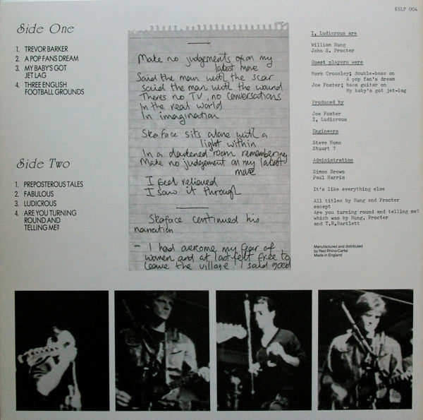 Image of Back Cover of LP - VG+/VG+ - I, LUDICROUS, It's Like Everything Else (Kaleidoscope Sound; KSLP 004, UK 1987, Mayking Label Test Pressing, Fold Over Card Proof Sleeve), ,  - 3125066E