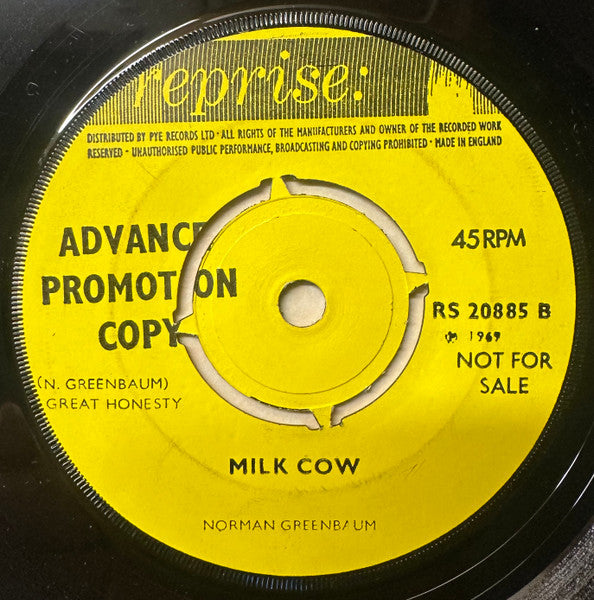 Image of Back Cover of 7" - VG/VG+ - NORMAN GREENBAUM, Spirit In The Sky / Milk Cow (Reprise Records; RS.20885, UK 1969, Promo, Company Sleeve), Pen writing on sleeve, small tear on label.,  - 3125156E