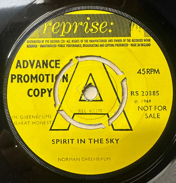 Image of Front Cover of 3125156E: 7" - NORMAN GREENBAUM, Spirit In The Sky / Milk Cow (Reprise Records; RS.20885, UK 1969, Promo, Company Sleeve) Pen writing on sleeve, small tear on label.  VG/VG+