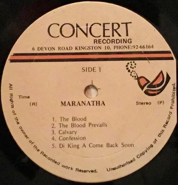 Image of Front Cover of LP - /G - MARANATHA AFFAIR, Maranatha (Concert Recording Kingston Jamaica; , Jamaica 1970s, Plain Sleeve), , Ultra rare private press Jamaican record, some gospel, some soul, some roots reggae tracks. Very hard to find.A1	The BloodA2	The Blood PrevailsA3	CalvaryA4	ConfessionA5	Di King A Come Back SoonB1	A New CommandmentB2	The MessiahB3	Psalm Of PraiseB4	Children Of The LordB5	Greatest Leader - 3115227C