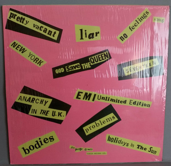 Image of Back Cover of 3025293E: LP - SEX PISTOLS, Never Mind the Bollocks (Virgin Blue & White; V2086, UK 1977, No Poster, 11 Titles on Sleeve, One Sided Submission 7", No Shrinkwrap or Sticker, A3, B1 Matrix) Lovely Copy - Very Strong VG+, Some Slight Staining To Sleeve  VG+/VG+