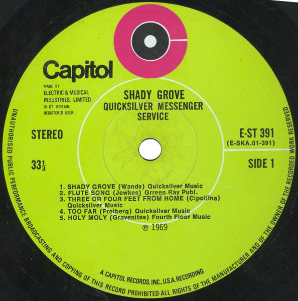 Image of Label Cover of LP - VG/VG+ - QUICKSILVER, Shady Grove (Capitol; E-ST 391, UK 1970, Laminated Sleeve), Spine Damage, Company Inner,  - 3226437E