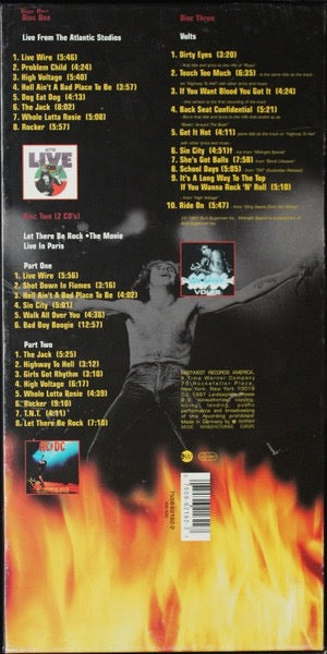 Image of Back Cover of 3135105E: 4xCD - AC/DC, Bonfire (EastWest; 7559-62162-2, Europe 1997, Box Set, Booklet, Booklet, double sided poster, guitar pick, key-chain bottle opener, sticker and temporary tattoo.) Temporary tattoo is stuck on gruitar pick   VG+/VG+