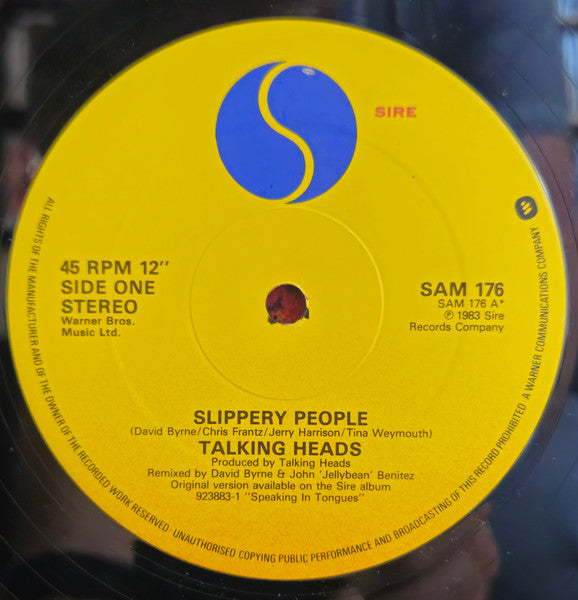 Image of Label Cover of 4925276E: 12" - TALKING HEADS, Slippery People / Making Flippy Floppy (Remixes) (Sire; 9 20143-0 A, US 1983, Top Opening Picture Sleeve)   VG+/VG+