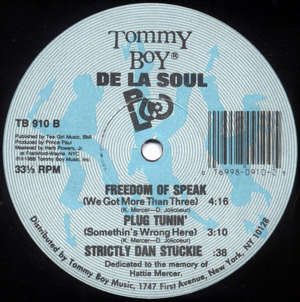 Image of Back Cover of 12" - VG/VG - DE LA SOUL, Plug Tunin' / Freedom Of Speak/ Strictly Dan Stuckie (Tommy Boy; TB 910, US 1988, Company Sleeve), ,  - 3525041E