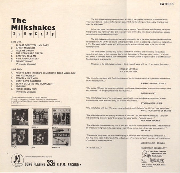 Image of Back Cover of 3115405C: LP - MILKSHAKES, Showcase (Brain Eater; EATER3, US 1983, Test Pressing, Picture Sleeve) Clean Copy  VG+/VG+