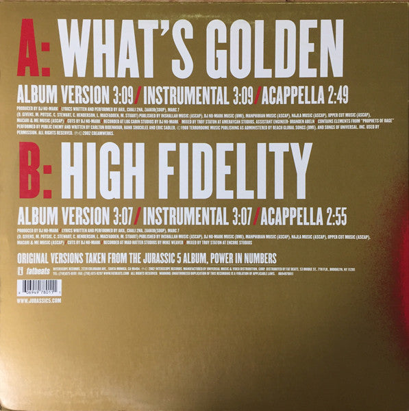 Image of Back Cover of 3115394C: 12" - JURASSIC 5, What's Golden (Interscope Records; 069497801-1, US 2002)   VG/VG
