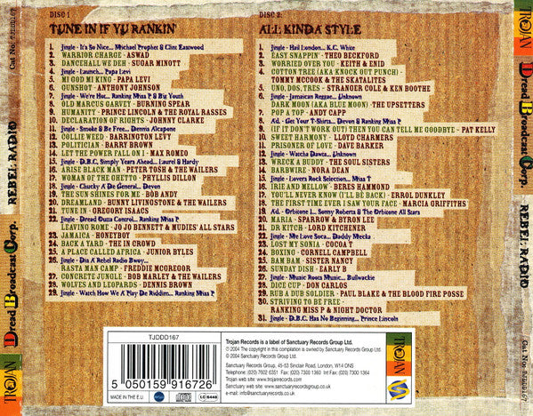 Image of Back Cover of 3115482C: 2xCD - VARIOUS ARTISTS, Dread Broadcasting Corp: Rebel Radio (Trojan Records; TJDDD167, UK 2004, Card Slipcase with Jewel Case inside)   EX/VG+