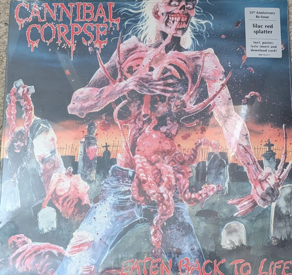Image of Front Cover of 3735091E: LP - CANNIBAL CORPSE, Eaten Back To Life (Metal Blade; 161517, US 2025 Reissue, Insert, Poster, Lilac & Red Splatter Vinyl, Download)   NEW/NEW