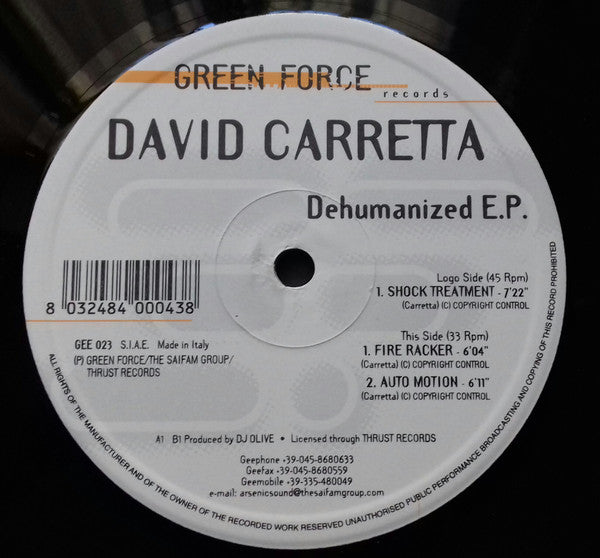 Image of Back Cover of 3125307E: 12" - DAVID CARRETTA, Dehumanized EP (Green Force; GEE 023, Italy 2002, Company Sleeve)   VG/VG