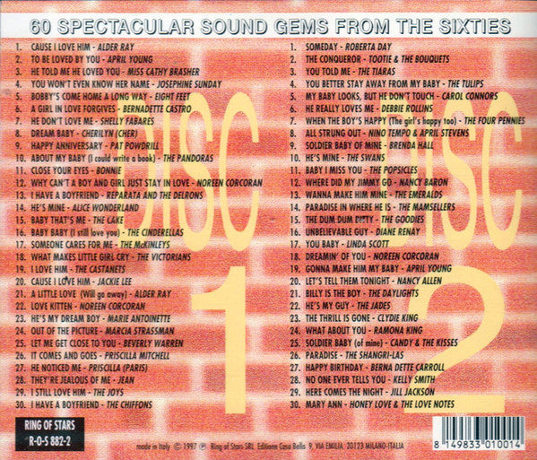 Image of Back Cover of 2xCD - VG+/VG+ - VARIOUS, Touch The Wall Of Sound. 60 Spectacular Sound Gems From The Sixties (Ring Of Stars; R-O-S 882-2, Italy 1997), ,  - 3155223S