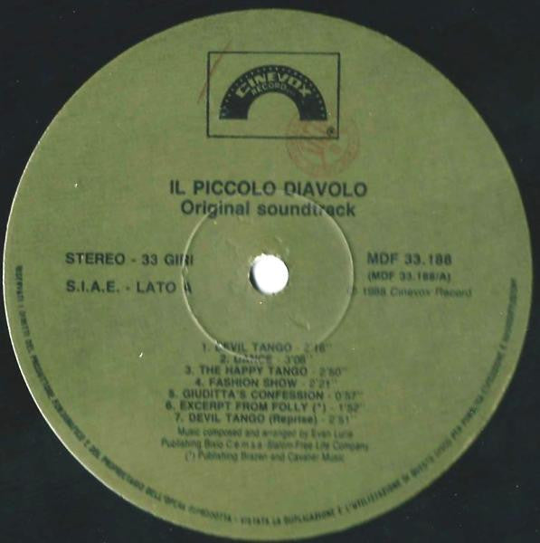 Image of Label Cover of LP - G+/VG+ - EVAN LURIE, Il Piccolo Diavolo (Original Soundtrack) (Cinevox Record; MDF 33.188, Italy 1988), Edge wear and ring wear, sticker damage and large damage to top right corner.,  - 3145390S