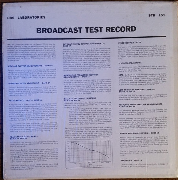 Image of Back Cover of LP - VG/VG+ - CBS LABORATORIES, Technical Series Professional Test Record: Broadcast Test Record (CBS Laboratories; STR-151,  ), ,  - 3145353S