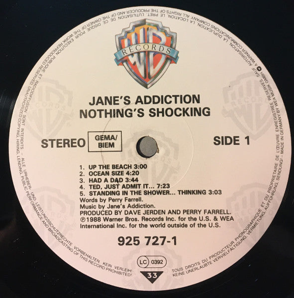 Image of Label Cover of 0225402E: LP - JANE'S ADDICTION, Nothing's Shocking (Warner Bros; WX 216, UK 1988, Inner) Stickered Sleeve, Edge Wear  VG/VG+