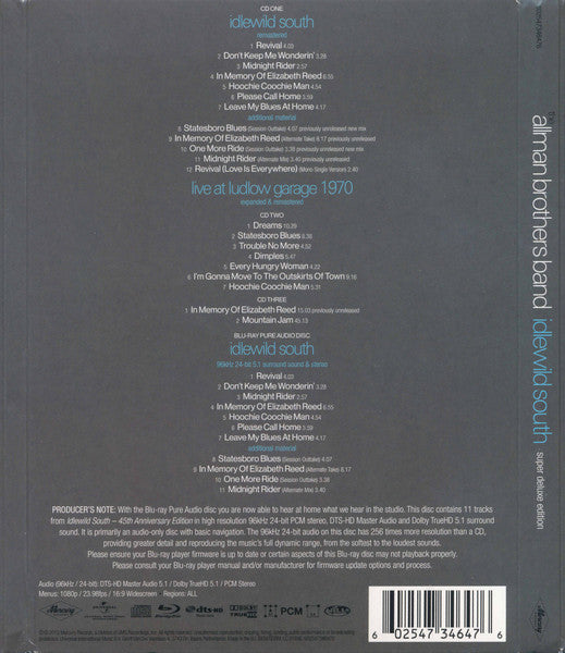 Image of Back Cover of 3255011S: 4xCD - THE ALLMAN BROTHERS BAND, Idlewild South (Super Deluxe Edition) (Mercury; 602547346476, Europe 2015)   VG/VG+