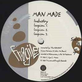 Image of Back Cover of 12" - /G+ - MAN MADE, Space Wreck / Industry (Fragile Records; FRG-13, US 1995), Light marks and hairlines., Classic material penned and produced by Cisco Ferreira & Coling McBean (The Advent). Don't sleep. - 4416092C