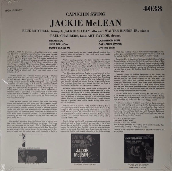 Image of Back Cover of LP - VG+/VG+ - JACKIE MCLEAN, Capuchin Swing (Rat Pack Records; BLP4038, France 2024 Reissue), ,  - 3215261C