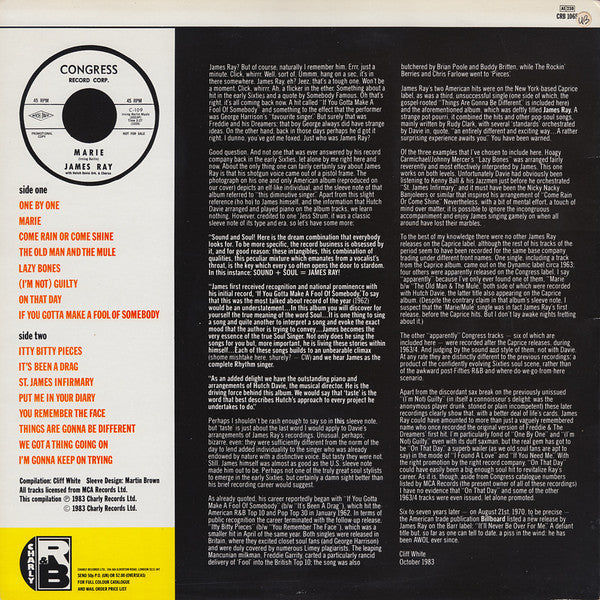 Image of Back Cover of LP - VG/VG+ - JAMES RAY, Itty Bitty Pieces (Charly R&B; CRB 1065, UK 1983), Sleeve has sticker ghost and indented writing on front,  - 3215409C