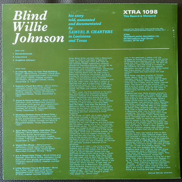 Image of Back Cover of LP - VG+/EX - BLIND WILLIE JOHNSON, His Story (XTRA; XTRA 1098, UK 1970 Reissue, Laminated Sleeve, Stereo), ,  - 1726538E