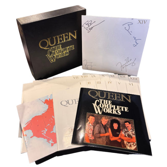 Image of Front Cover of 3225145E: 14xLP - QUEEN, The Complete Works - SIGNED BY ALL FOUR MEMBERS (EMI; QB 1, UK 1985, Manufacturers Property Not For Sale Sticker on Bottom of Box, Box Set, 2 Booklets, Poster - Queen Map of the World, Numbered. Complete Vision 33 1/3. Complete Vision Sleeve Clearly Signed by All Four Members of the Band. Numbered Edition. This box set is one of the 600 examples autographed by the band.) No 003248  VG+/VG+
