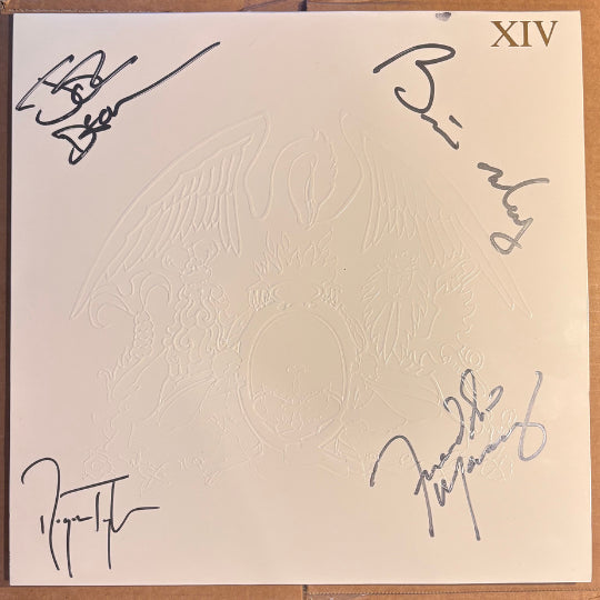 Image of Back Cover of 3225145E: 14xLP - QUEEN, The Complete Works - SIGNED BY ALL FOUR MEMBERS (EMI; QB 1, UK 1985, Manufacturers Property Not For Sale Sticker on Bottom of Box, Box Set, 2 Booklets, Poster - Queen Map of the World, Numbered. Complete Vision 33 1/3. Complete Vision Sleeve Clearly Signed by All Four Members of the Band. Numbered Edition. This box set is one of the 600 examples autographed by the band.) No 003248  VG+/VG+