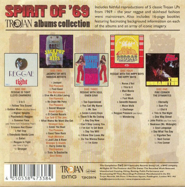 Image of Back Cover of 3215644C: 5xCD - VARIOUS ARTISTS, Spirit Of '69: Trojan Albums Collection (Trojan Records; TJ5CD576, UK & Europe 2019, 5 Digipak in Box Set, Booklet, Sticker)   EX/EX