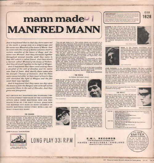 Image of Back Cover of LP - VG/VG - MANFRED MANN, Mann Made (His Master's Voice; CSD 1628, UK 1965, Stereo), ,  - 3225222E