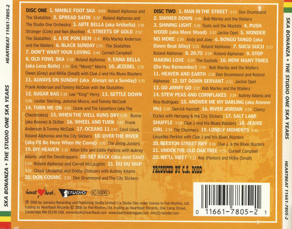 Image of Back Cover of 2xCD - VG+/VG - VARIOUS ARTISTS, Ska Bonanza: The Studio One "Ska" Years (Heartbeat Records; HEARTBEAT 11661-7805-2, US 2006, Card Slipcase with Jewel Case inside), ,  - 2916240C