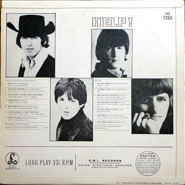 Image of Back Cover of LP - VG/G - THE BEATLES, Help! (Parlophone Black/Yellow; PMC 1255, UK 1966 Reissue, Mono. 2nd pressing), Heavy marks on side 2 causing repetitive pops. Some creasing and discoloration to sleeve. ,  - 3926414E