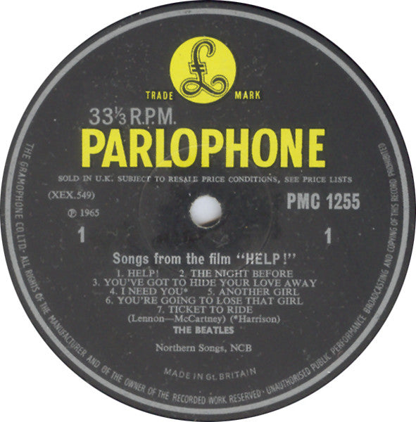 Image of Label Cover of LP - VG/G - THE BEATLES, Help! (Parlophone Black/Yellow; PMC 1255, UK 1966 Reissue, Mono. 2nd pressing), Heavy marks on side 2 causing repetitive pops. Some creasing and discoloration to sleeve. ,  - 3926414E