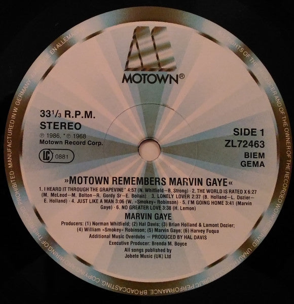 Image of Label Cover of LP - VG+/EX - MARVIN GAYE, Motown Remembers Marvin Gaye (Motown; ZL72463, Germany 1986), ,  - 1626101E