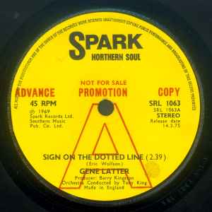 Image of Front Cover of 1714032C: 7" - GENE LATTER, Sign On The Dotted Line / I Love You (Spark; SRL1063, UK 1975, Promo, Plain sleeve) Light marks only.  /VG