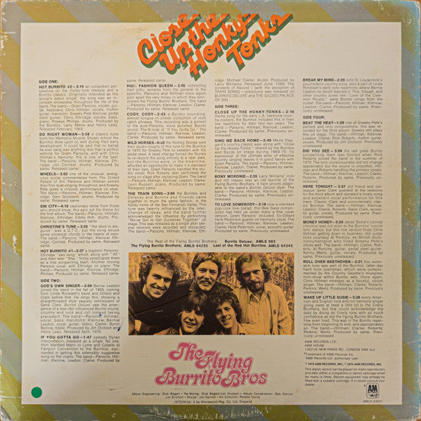 Image of Back Cover of 3345026S: 2xLP - THE FLYING BURRITO BROS, Close Up The Honky Tonks (A&M Records; AMLH 63631, UK 1974, Gatefold) A few light marks. Sticker damage and pen marks to top right corner of sleeve, creasing, ring and edge wear.  G+/VG+