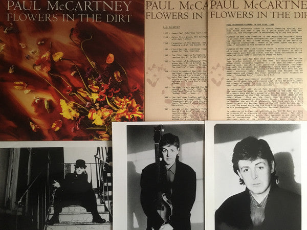 Image of Label Cover of 3355021S: CD - PAUL MCCARTNEY, Flowers In The Dirt (Parlophone; CDP 7 91653 2, UK 1989, Standard UK CD but housed in a 10" gatefold sleeve, containing a 4 page stapled A4 career biography from parlophone and a 10 page stapled A4 description of the album tracks from Paul. All on special watermarked textured paper. Also includes 3 promotional photographs.) CD has light scracthes, rest of media and sleeve in great condition  VG+/G+