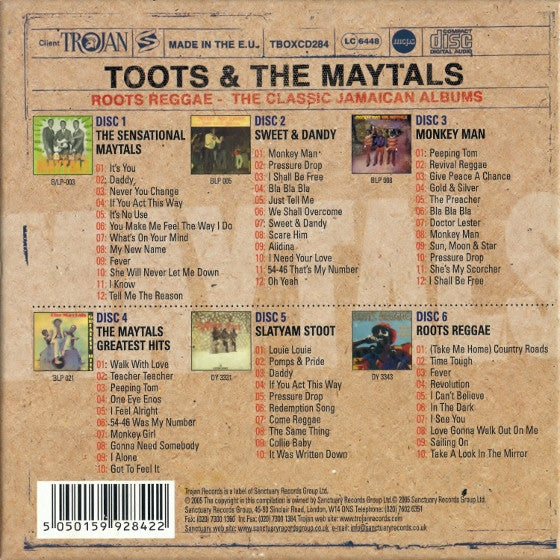 Image of Back Cover of 3335035E: 6xCD - TOOTS & THE MAYTALS, Roots Reggae - The Classic Jamaican Albums (Trojan Records; TBOXCD284, UK & Europe 2005, Box Set, Insert)   VG+/VG+
