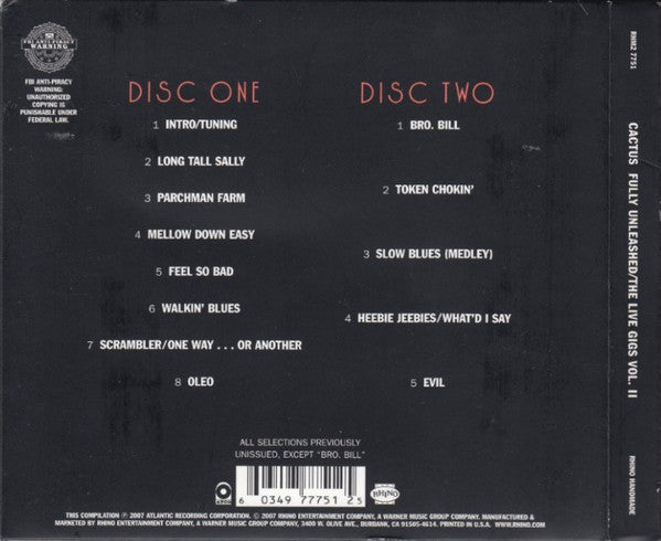 Image of Back Cover of 3335060E: CD - CACTUS, Fully Unleashed / The Live Gigs Vol. II (Rhino Handmade; RHM2 7751, US 2007)   VG+/VG