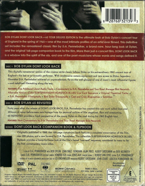 Image of Back Cover of 2xDVD - VG+/VG+ - BOB DYLAN, Dont Look Back (65 Tour Deluxe Edition) (Columbia; 82876832139, Europe 2007, Slipcase, Book, Flipbook), ,  - 2036029E