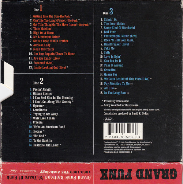 Image of Back Cover of 3xCD - VG+/EX - GRAND FUNK RAILROAD, Thirty Years Of Funk 1969-1999 The Anthology (Capitol Records; 72434-99523-2-4, US 1999, Quad Digipak in Slipcase), ,  - 3315088C